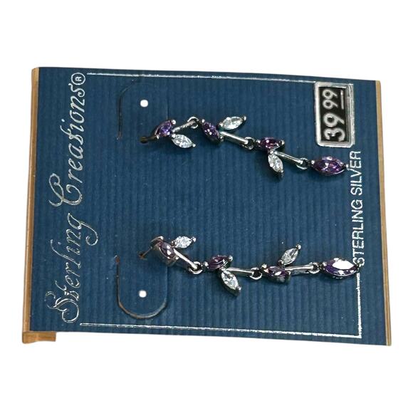 Vintage Sterling Silver Purple Clear CZ Vine Dangle Earrings - Picture 2 of 5